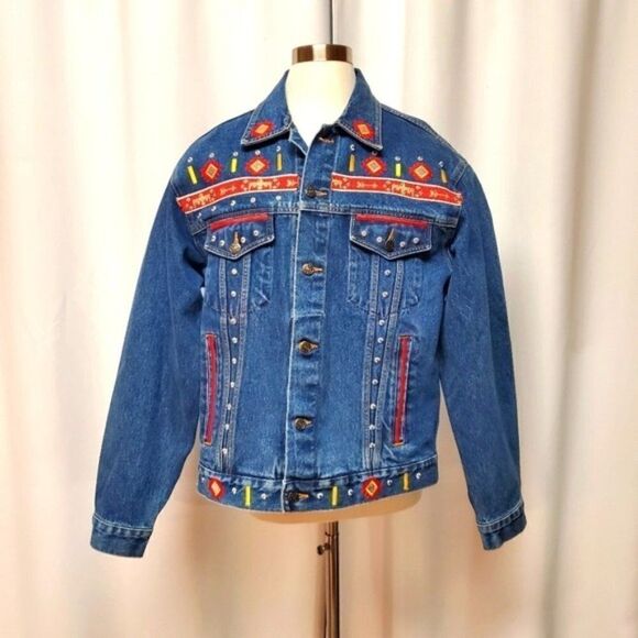 Vintage Gepetto 90s y2k Southwest Aztec Thunderbird Trucker Jean Jacket Lg - Picture 1 of 11